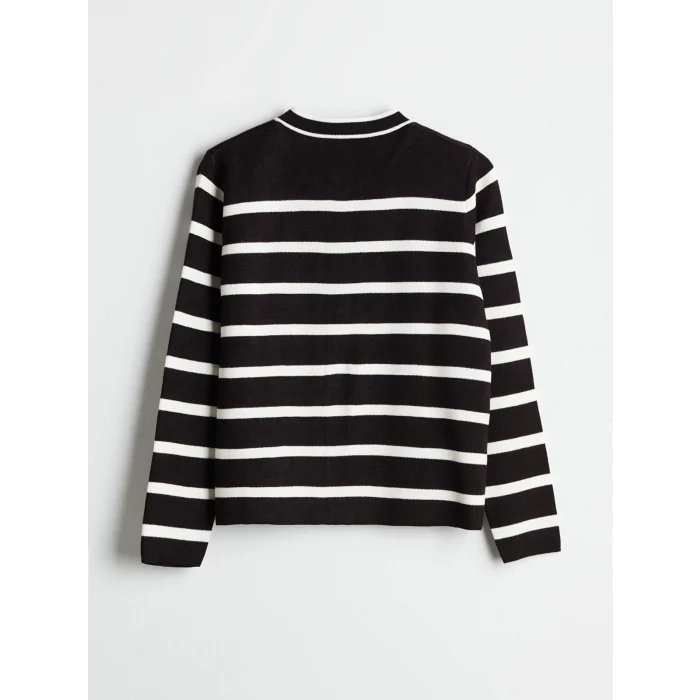 LCW Modest Ekru Bisiklet Yaka Çizgili Kadın Triko Hırka