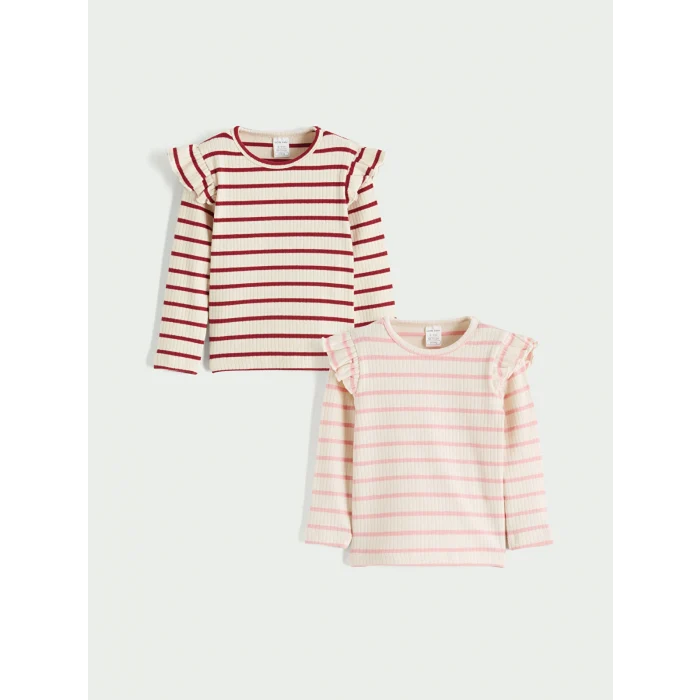 LCW baby Ekru Bisiklet Yaka Fırfırlı Çizgili Kız Bebek Tişört 2li