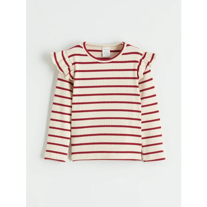 LCW baby Ekru Bisiklet Yaka Fırfırlı Çizgili Kız Bebek Tişört 2li