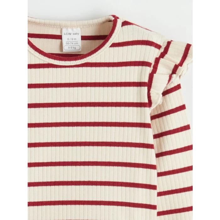 LCW baby Ekru Bisiklet Yaka Fırfırlı Çizgili Kız Bebek Tişört 2li