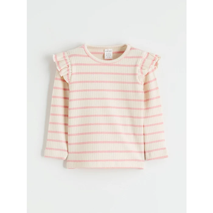 LCW baby Ekru Bisiklet Yaka Fırfırlı Çizgili Kız Bebek Tişört 2li