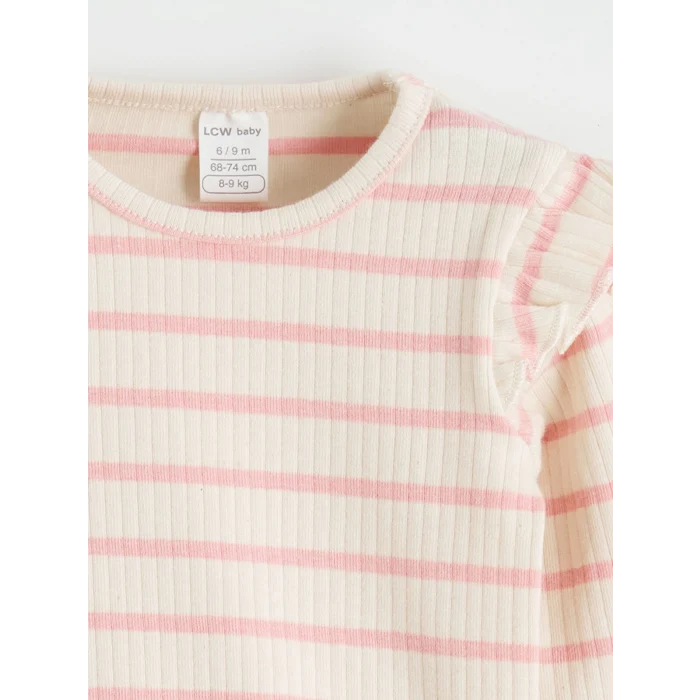 LCW baby Ekru Bisiklet Yaka Fırfırlı Çizgili Kız Bebek Tişört 2li