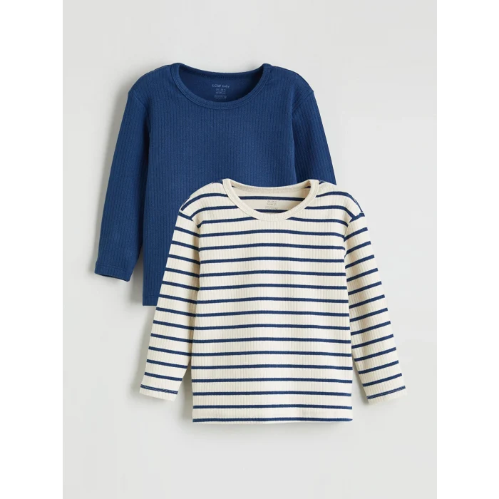 LCW baby Ekru Bisiklet Yaka Çizgili Erkek Bebek Tişört 2li