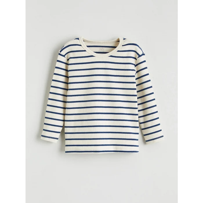 LCW baby Ekru Bisiklet Yaka Çizgili Erkek Bebek Tişört 2li