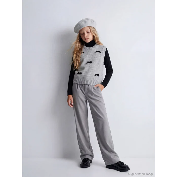 LCW Kids Gri Wideleg Pileli Kız Çocuk Pantolon