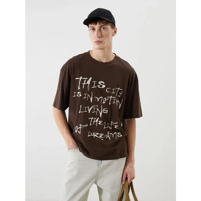 XSIDE Kahverengi Bisiklet Yaka Baskılı Penye Erkek Tişört