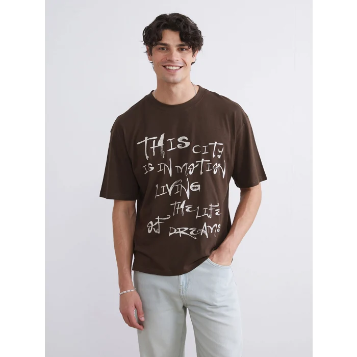 XSIDE Kahverengi Bisiklet Yaka Baskılı Penye Erkek Tişört