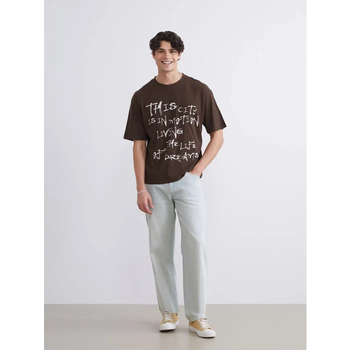 XSIDE Kahverengi Bisiklet Yaka Baskılı Penye Erkek Tişört