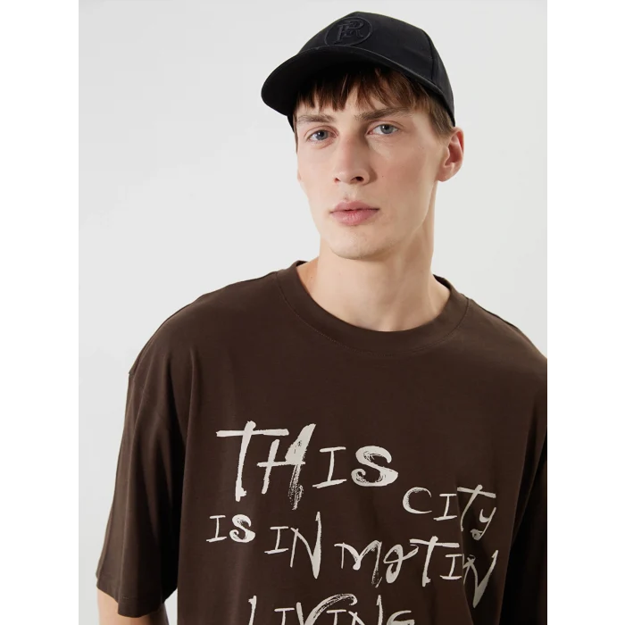 XSIDE Kahverengi Bisiklet Yaka Baskılı Penye Erkek Tişört