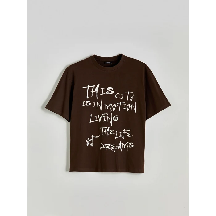 XSIDE Kahverengi Bisiklet Yaka Baskılı Penye Erkek Tişört