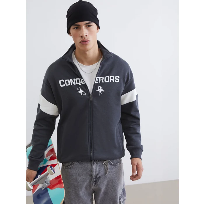 XSIDE Antrasit Rahat Kalıp Dik Yaka Erkek Fermuarlı Sweatshirt