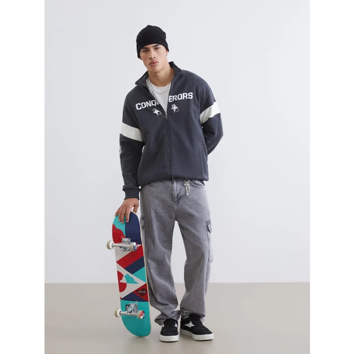 XSIDE Antrasit Rahat Kalıp Dik Yaka Erkek Fermuarlı Sweatshirt