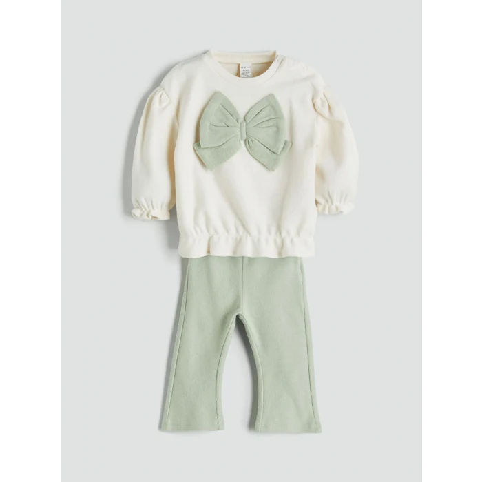 LCW baby Ekru Fiyonk Detaylı Yumuşak Dokulu Kız Bebek Sweatshirt ve Tayt