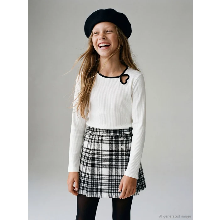 LCW Kids Ekru Bisiklet Yaka Kalp Detaylı Kız Çocuk Tişört