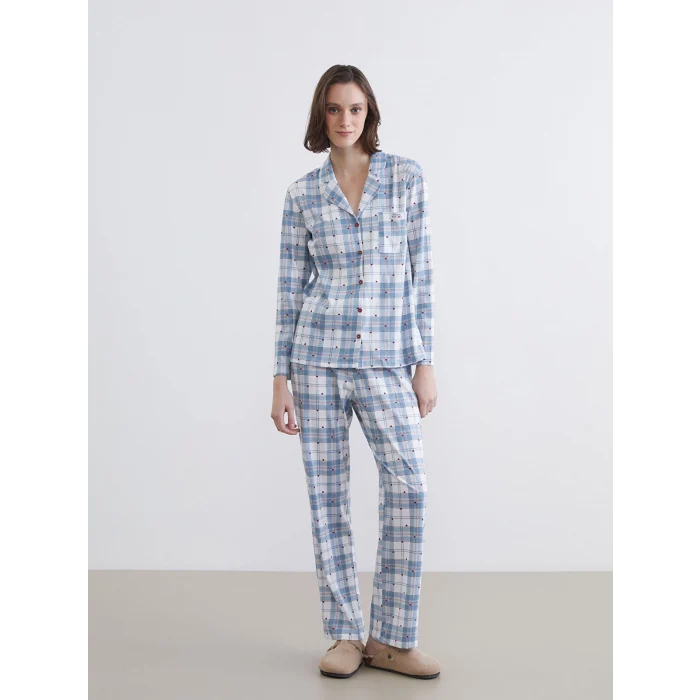 LCW Young Mavi Gömlek Yaka Ekose Kadın Pijama Takımı
