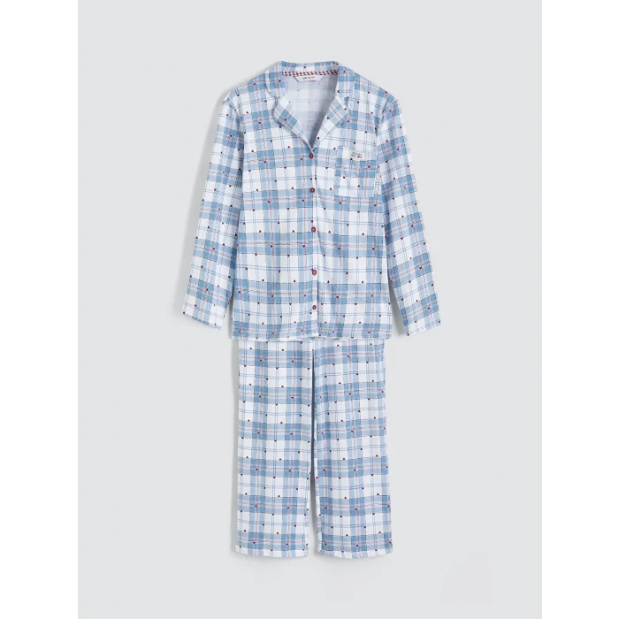 LCW Young Mavi Gömlek Yaka Ekose Kadın Pijama Takımı