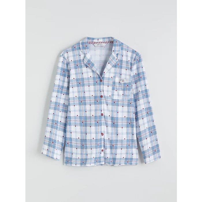 LCW Young Mavi Gömlek Yaka Ekose Kadın Pijama Takımı