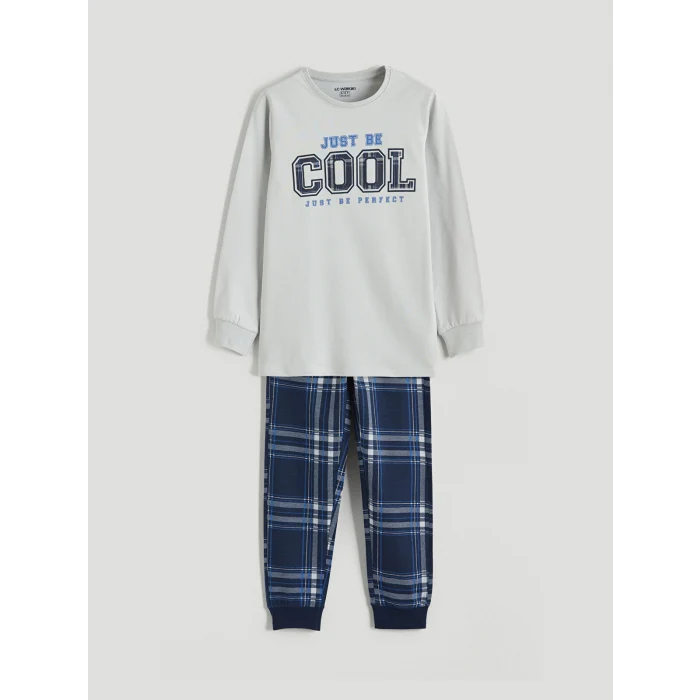 LCW Kids Gri Bisiklet Yaka Baskılı Erkek Çocuk Pijama Takım