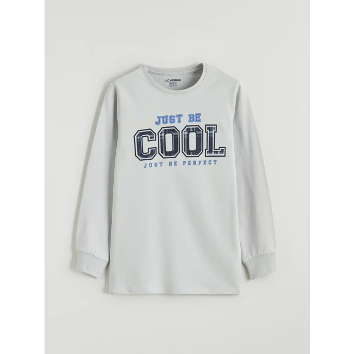 LCW Kids Gri Bisiklet Yaka Baskılı Erkek Çocuk Pijama Takım