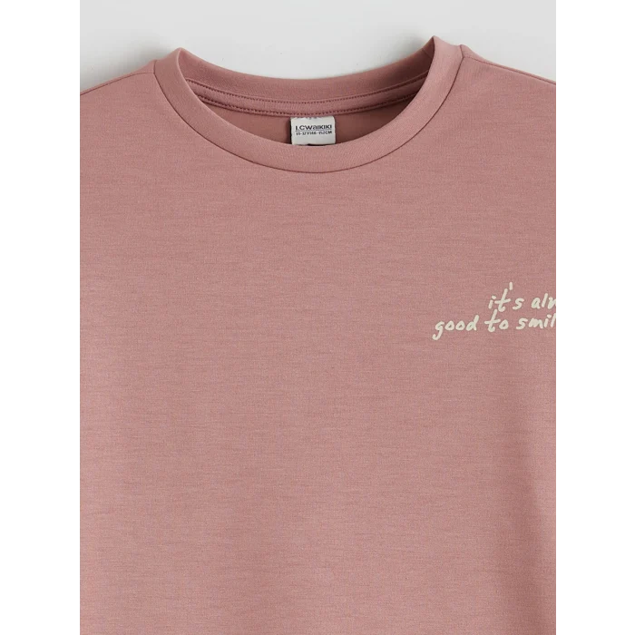 LCW Kids Pembe Bisiklet Yaka Kız Çocuk Soft Touch Sweatshirt ve Eşofman Altı