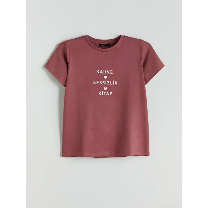 LCWAIKIKI Classic Pembe Bisiklet Yaka Slogan Baskılı Kadın Tişört