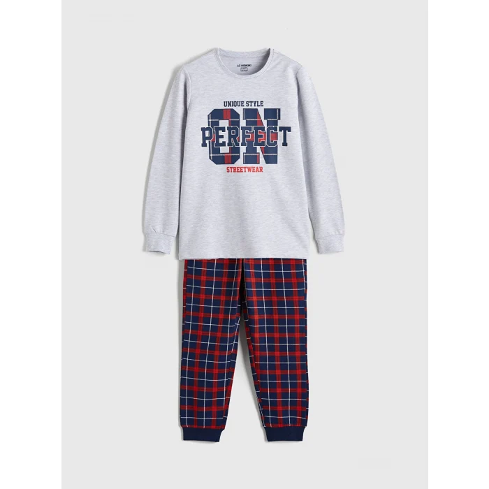 LCW Kids Gri Bisiklet Yaka Ekose Erkek Çocuk Pijama Takımı