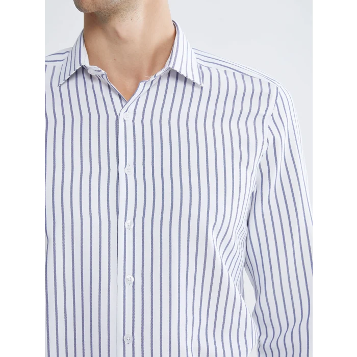 LCWAIKIKI Classic Lacivert Slim Fit Uzun Kollu Çizgili Erkek Gömlek