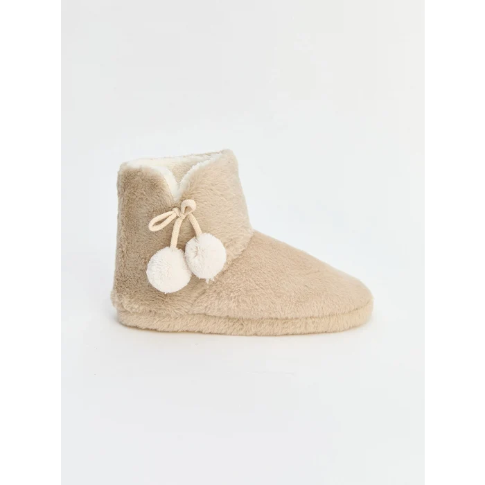 LCW STEPS Bej Pelüş Ponponlu Kadın Panduf