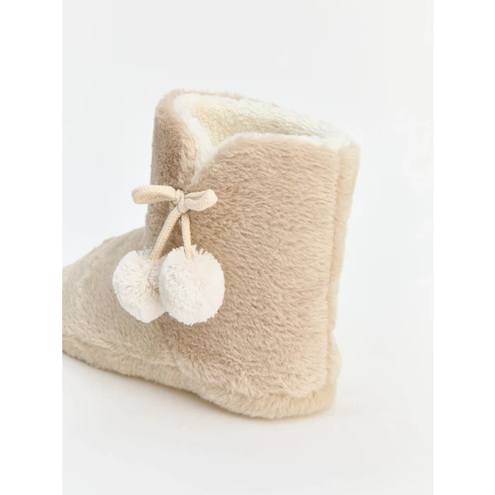 LCW STEPS Bej Pelüş Ponponlu Kadın Panduf