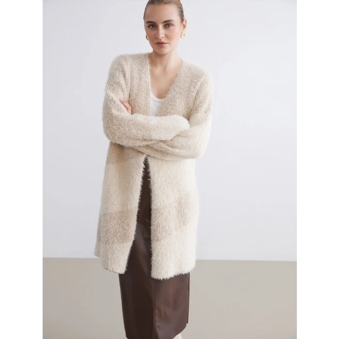 LCWAIKIKI Classic Kahverengi Şal Yaka Renk Bloklu Kadın Triko Hırka