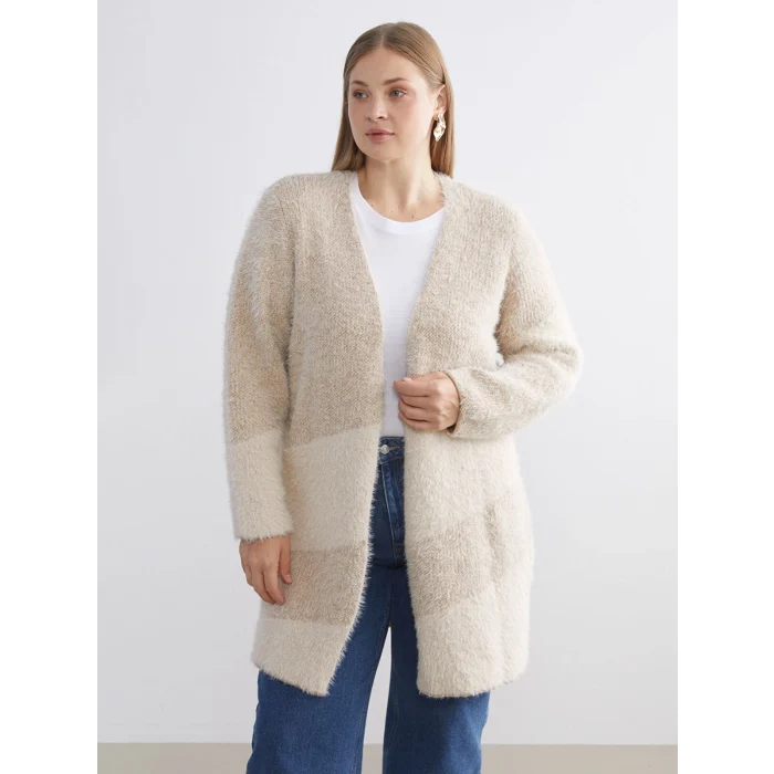 LCWAIKIKI Classic Kahverengi Şal Yaka Renk Bloklu Kadın Triko Hırka