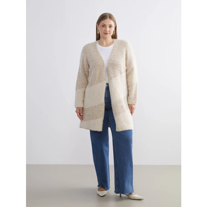 LCWAIKIKI Classic Kahverengi Şal Yaka Renk Bloklu Kadın Triko Hırka