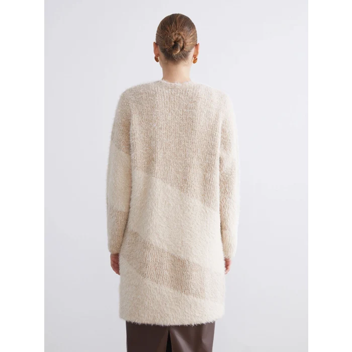 LCWAIKIKI Classic Kahverengi Şal Yaka Renk Bloklu Kadın Triko Hırka