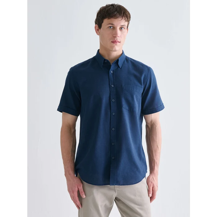 LCWAIKIKI Classic İndigo Regular Fit Kısa Kollu Armürlü Erkek Gömlek