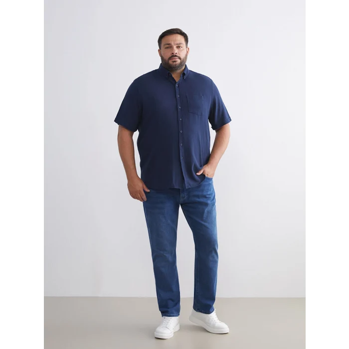 LCWAIKIKI Classic İndigo Regular Fit Kısa Kollu Armürlü Erkek Gömlek