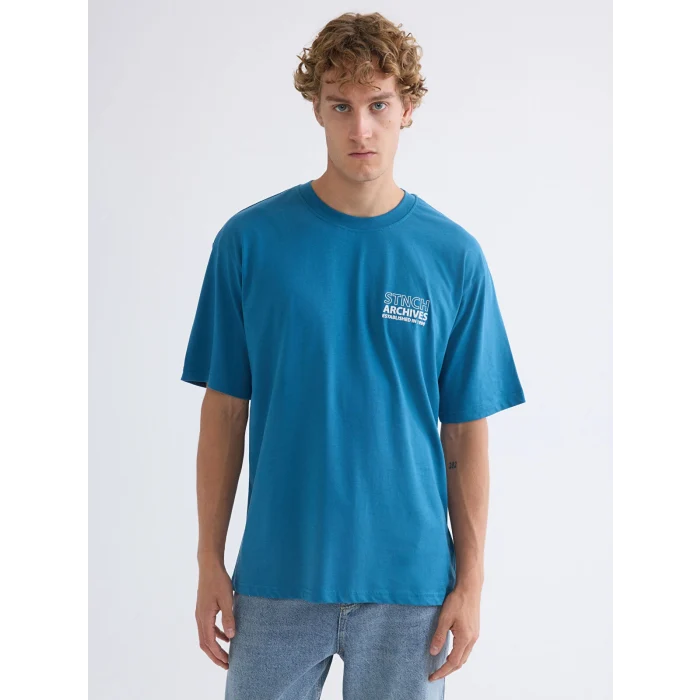 XSIDE Mavi Bisiklet Yaka Baskılı Penye Erkek Tişört