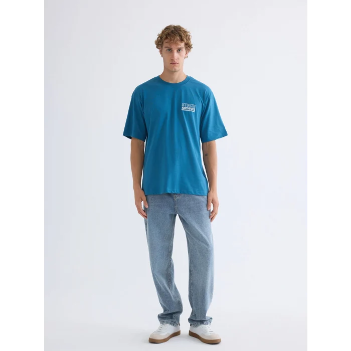 XSIDE Mavi Bisiklet Yaka Baskılı Penye Erkek Tişört