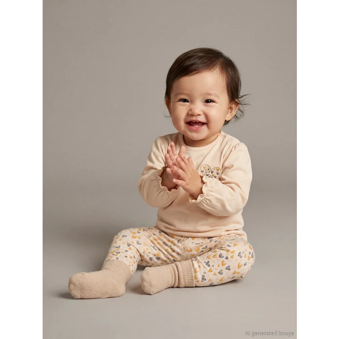 LCW baby Bej Kalp Baskılı Kız Bebek Bluz ve Tayt