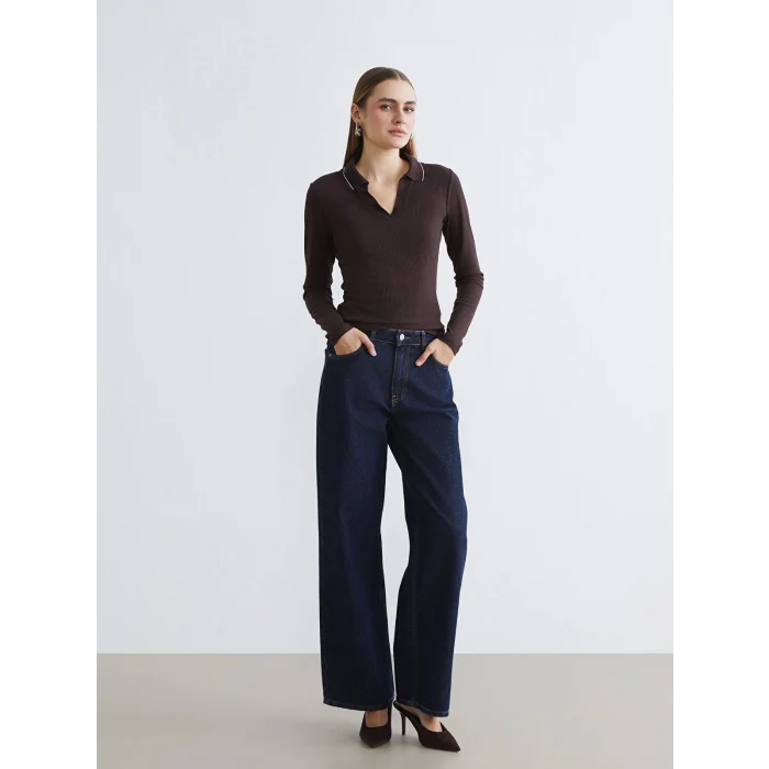 LCWAIKIKI Classic Kahverengi Polo Yaka Fitilli Kadın Tişört