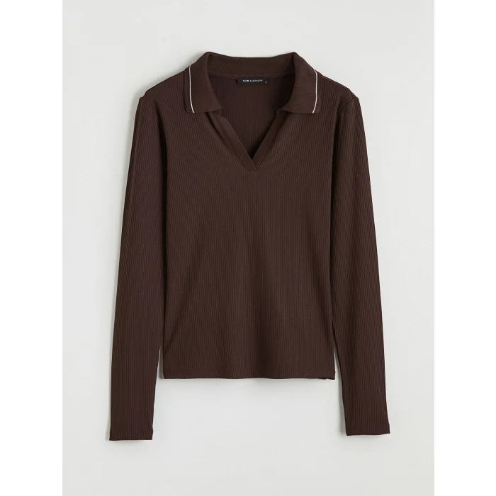 LCWAIKIKI Classic Kahverengi Polo Yaka Fitilli Kadın Tişört