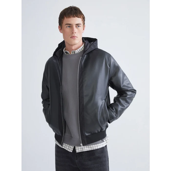 XSIDE Siyah Standart Kalıp Kapüşonlu Erkek Deri Görünümlü Ceket