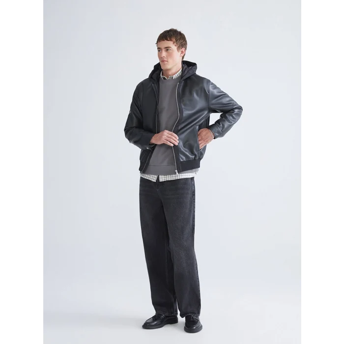XSIDE Siyah Standart Kalıp Kapüşonlu Erkek Deri Görünümlü Ceket