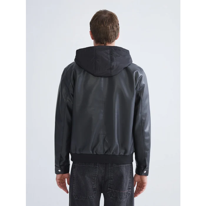 XSIDE Siyah Standart Kalıp Kapüşonlu Erkek Deri Görünümlü Ceket