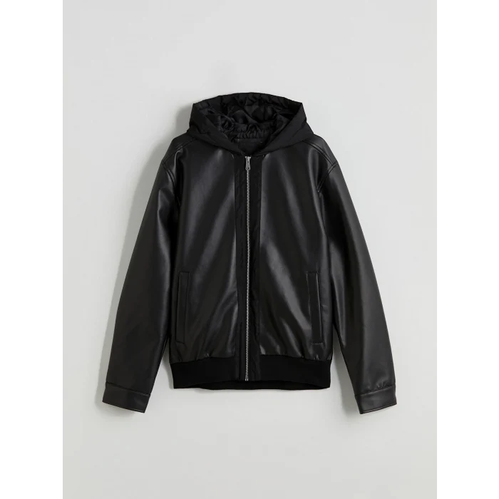 XSIDE Siyah Standart Kalıp Kapüşonlu Erkek Deri Görünümlü Ceket