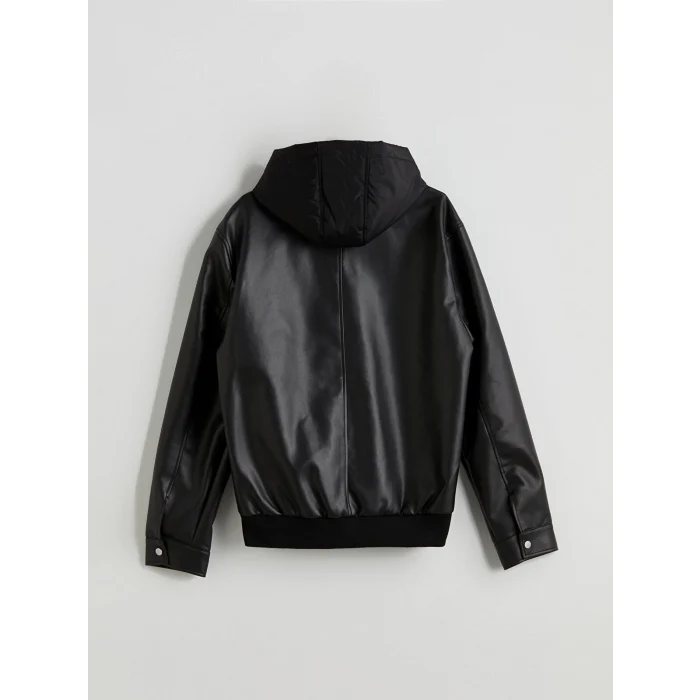 XSIDE Siyah Standart Kalıp Kapüşonlu Erkek Deri Görünümlü Ceket
