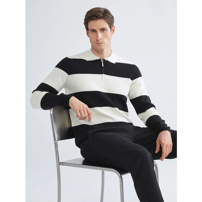 LCW Vision Siyah Polo Yaka Çizgili Erkek Triko Kazak