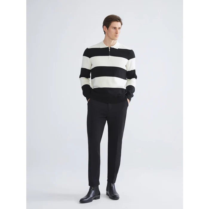 LCW Vision Siyah Polo Yaka Çizgili Erkek Triko Kazak