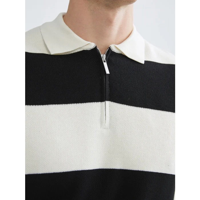 LCW Vision Siyah Polo Yaka Çizgili Erkek Triko Kazak