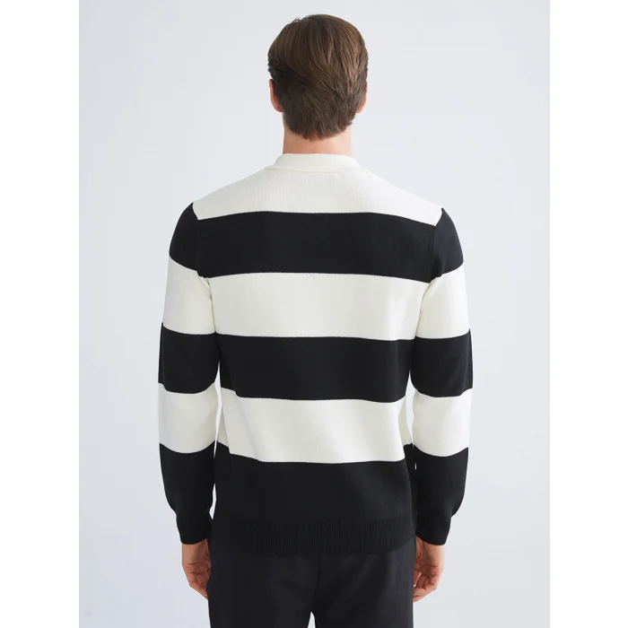 LCW Vision Siyah Polo Yaka Çizgili Erkek Triko Kazak