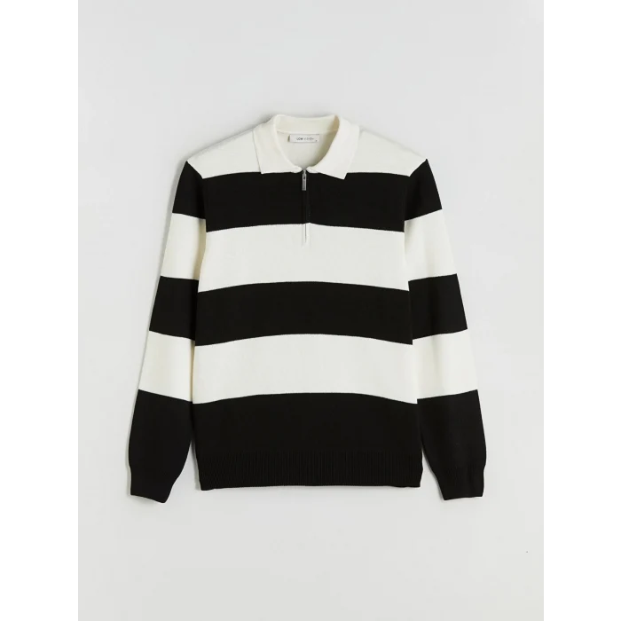 LCW Vision Siyah Polo Yaka Çizgili Erkek Triko Kazak